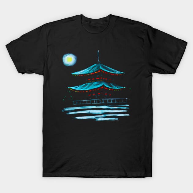 Japanese Temple at night T-Shirt by Ravenglow